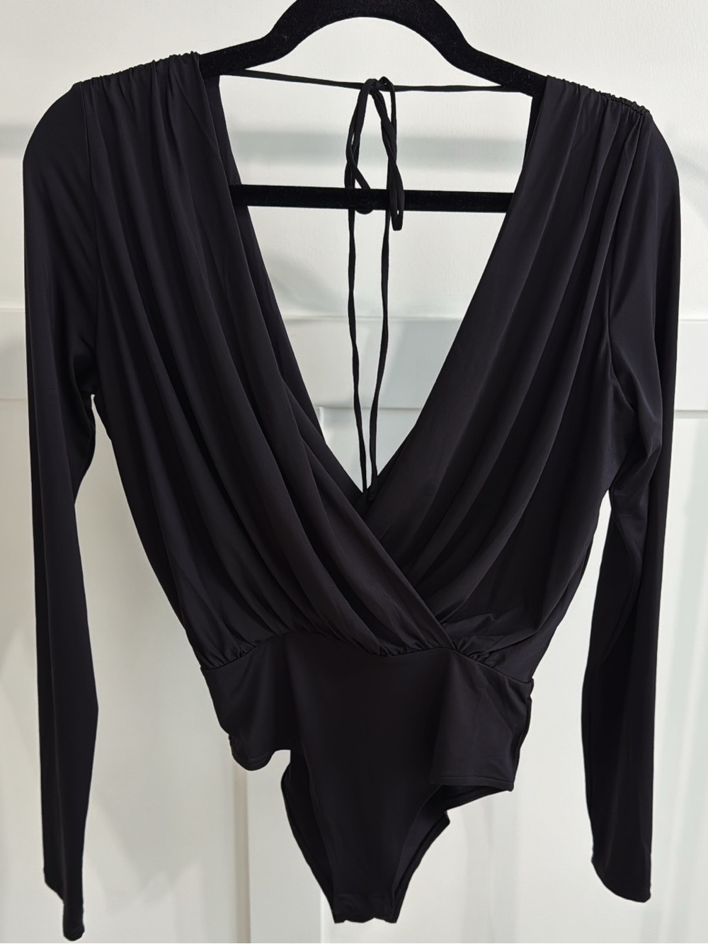 H&M Black Long-Sleeve V-Neck Tie-Back Bodysuit